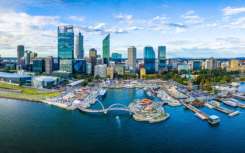 Perth Elizabeth Quay, skyscrapers, business center, modern architecture, bay, yachts, Australia, HD wallpaper