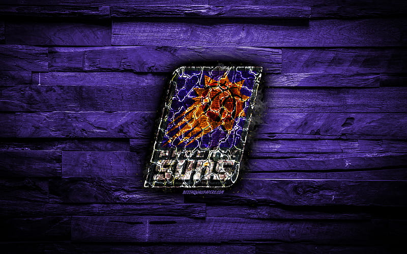 Phoenix Suns scorched logo, NBA, violet wooden background, american basketball team, Western Conference, grunge, basketball, Phoenix Suns logo, fire texture, USA, HD wallpaper