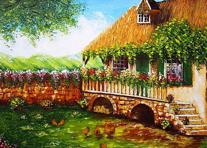 Old Cottage, painting, poultry, flowers, stairs, garden, artwork, HD wallpaper