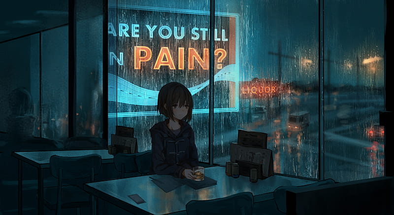 Anime girl, raining, are you still in pain, board ad, windows, Anime, HD  wallpaper