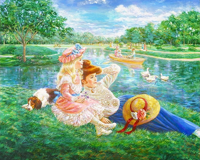 Reflections, victorian, ducks, mother, artwork, daughter, boat, people, painting, river, HD wallpaper