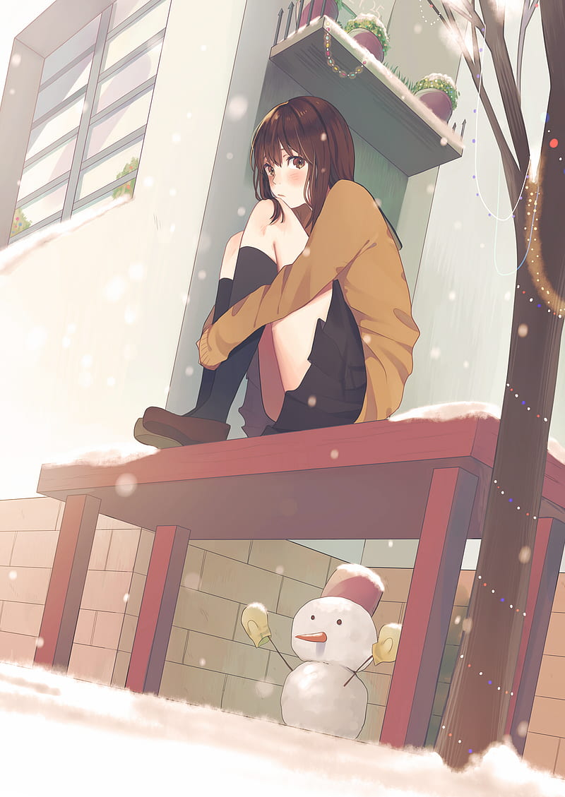 anime, anime girls, sitting, snow, miniskirt, brunette, HD phone wallpaper