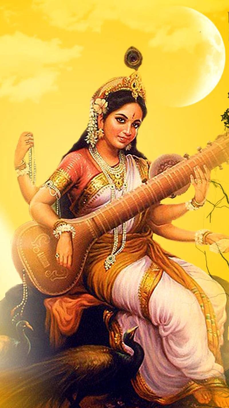 Saraswati Maa Ka, Moon Background, goddess, HD phone wallpaper