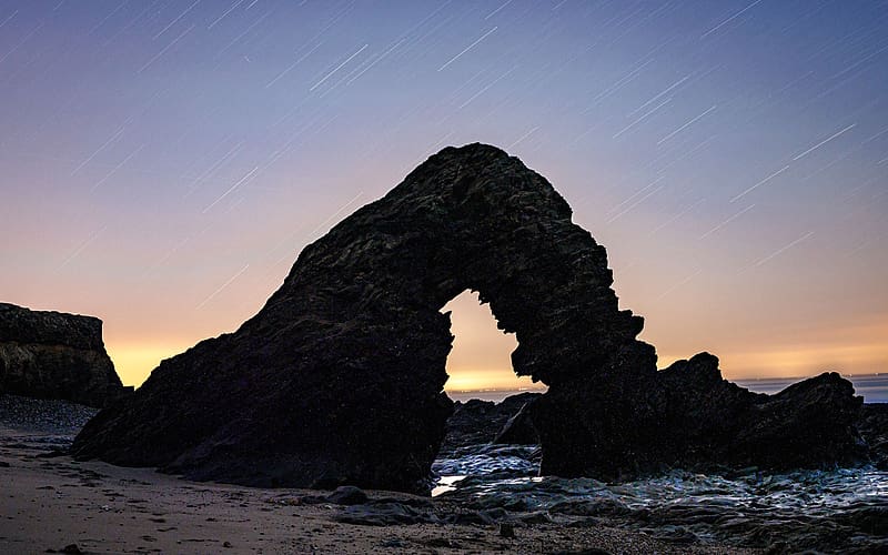 Coast Rocks Arches Beach Star Trails, HD wallpaper