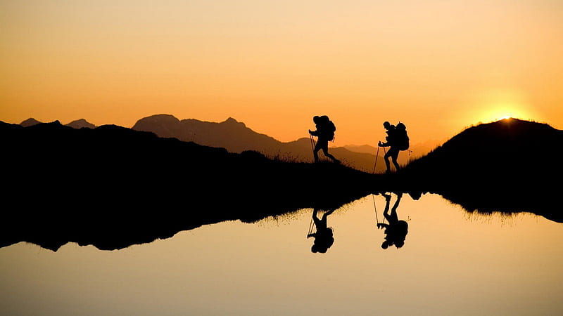 Nature Hiking, hiking, two, people, sunset, lake, HD wallpaper