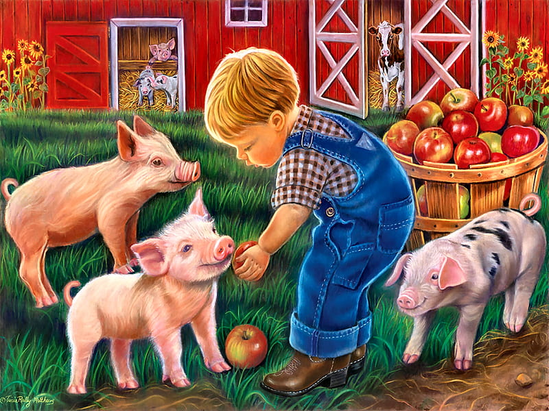 Little Farm Boy F, little boy, art, apples, bonito, illustration, artwork, pigs, painting, wide screen, farm animals, HD wallpaper