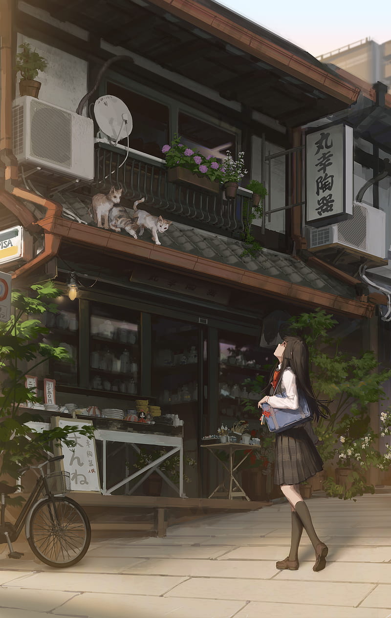 anime, anime girls, cats, black hair, school uniform, HD phone wallpaper