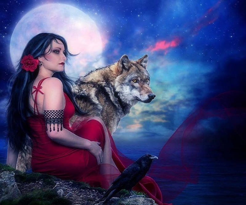 ~Valentine Waiting~, red, moons, models, crows, rose, love four seasons ...