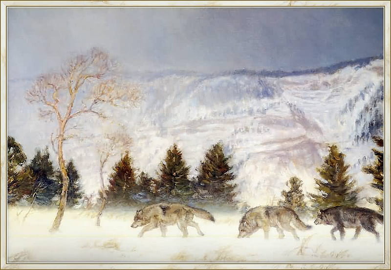 the cruel winter begins, paintings, cruel, beauty, wolves, prey, winter, HD wallpaper