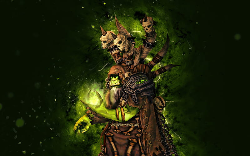 Guldan green neon lights, World of Warcraft, warriors, WoW, monstr, World of Warcraft Shadowlands, Guldan World of Warcraft, HD wallpaper