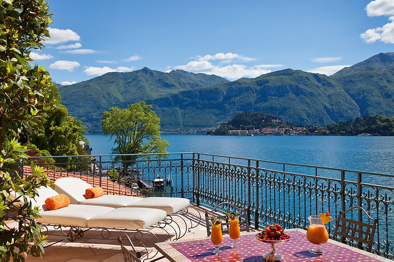 Relaxing Lake Como, Italy, veranda, fence, mountains, drinks, lounger, summer, sky, HD wallpaper