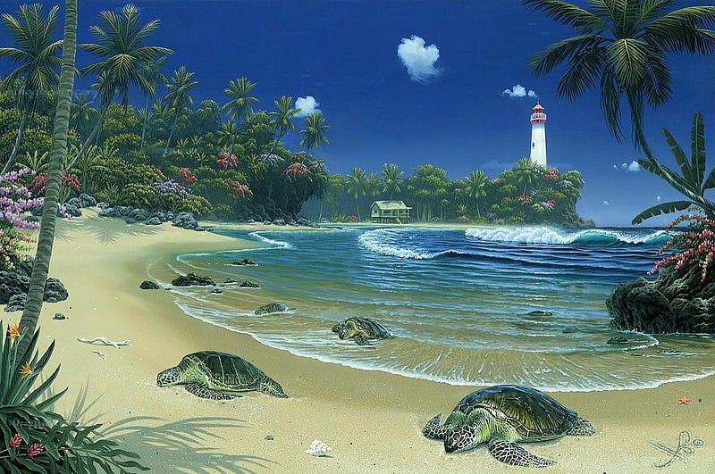 Turtle Bay, beach, turtles, painting, sky, artwork, lighthouse, sea, palms, HD wallpaper