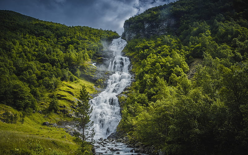 beautiful high waterfall, rock, green slope, mountains, sky, mountain waterfall, HD wallpaper