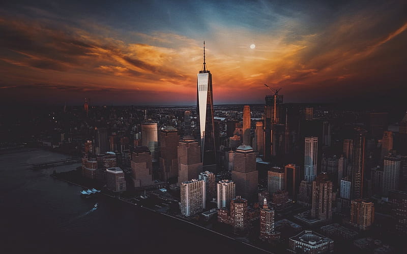 New York, World Trade Center 1, sunset, metropolis, skyscrapers, USA, HD wallpaper