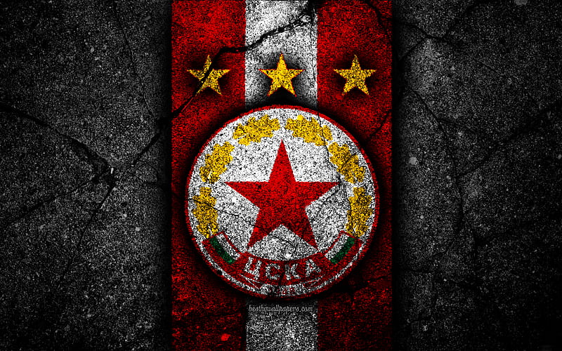 CSKA Sofia FC, logo, Parva Liga, soccer, black stone, Bulgaria, CSKA Sofia, emblem, football, asphalt texture, football club, FC CSKA Sofia, HD wallpaper