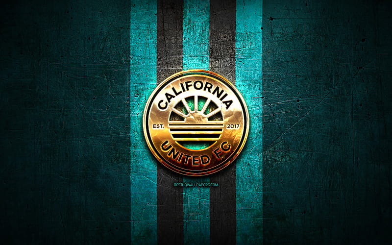 California United FC, golden logo, NISA, blue metal background, american soccer club, California United, National Independent Soccer Association, California United logo, soccer, USA, HD wallpaper