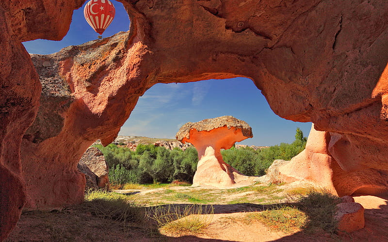 Cappadocia, Turkey, orange rocks, sky, hot air balloon, flag of Turkey, rocks, HD wallpaper