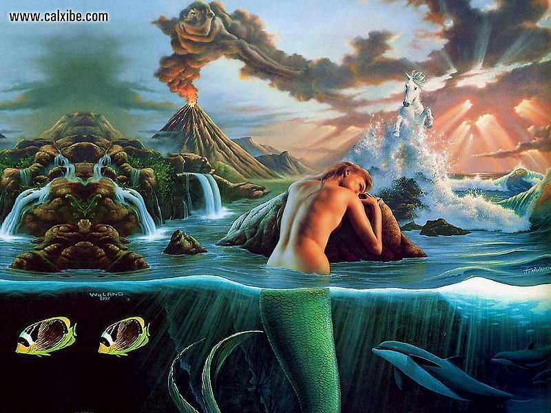 Dreams, fantasy, 3d, mermaids, abstract, volcanoes, HD wallpaper