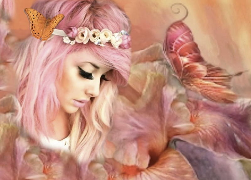 Fantasy Girl in Delicate Pink Floral, wreath, orange, black, butterflies, floral, fantasy, girl, purple, flowers, peach, white, pink, HD wallpaper