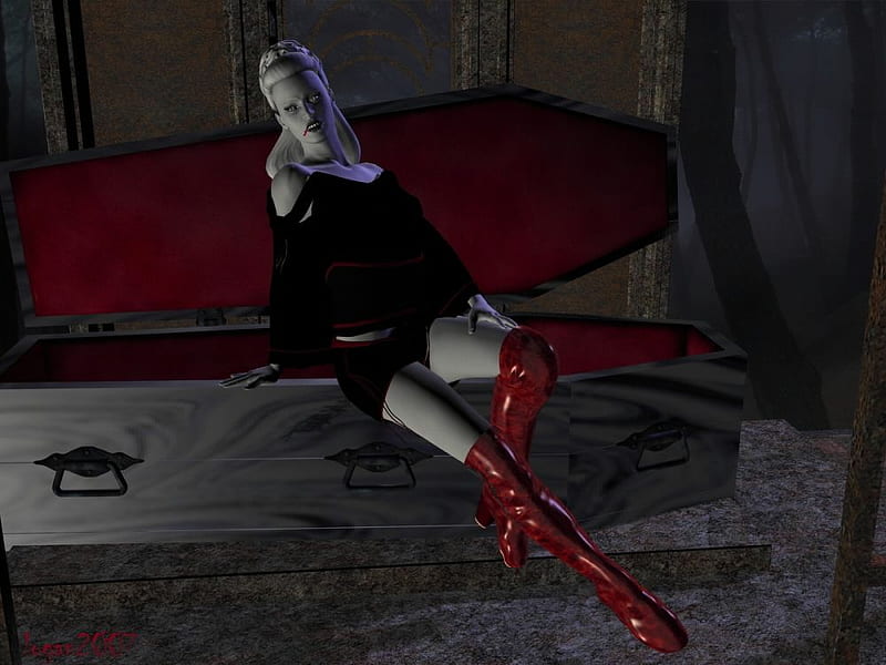 Thats Why the Ladys a Tramp, coffin, female, fangs, vampire, blood sucking, blood, HD wallpaper
