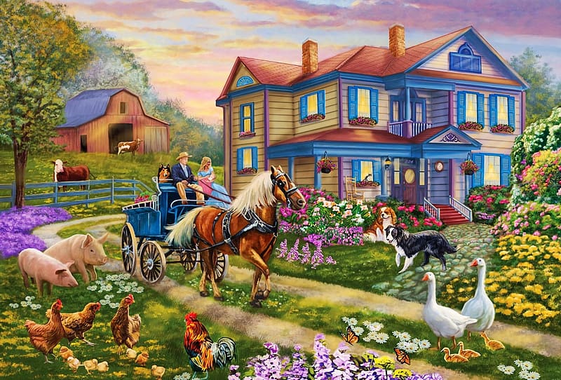 Greeting The Newborn, house, chickens, geese, cart, artwork, dog, spring, horse, hens, cows, pigs, painting, barn, HD wallpaper