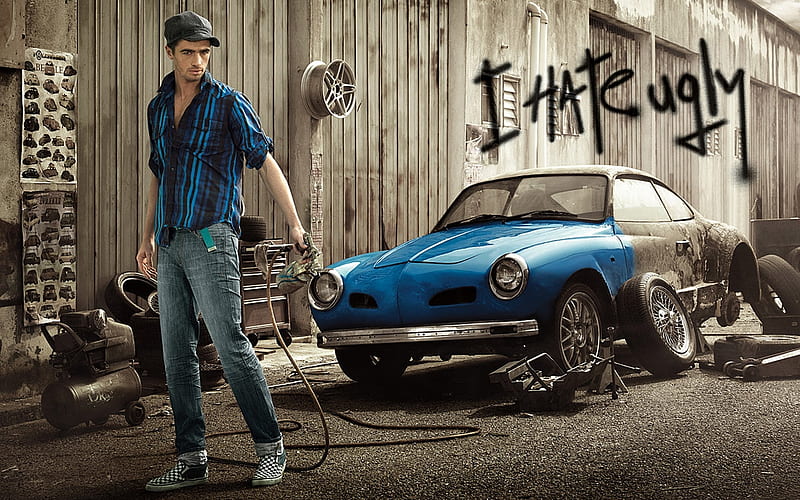 I hate ugly, man, creative, situation, fantasy, add, car, funny, commercial, blue, HD wallpaper