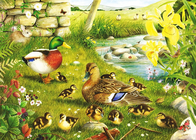 Ducks to Water, pond, family, flowers, spring, chicks, artwork, HD wallpaper