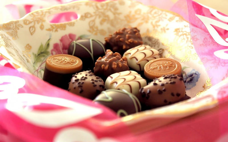 Chocolates, candy, brown, sweets, food, chocolate, dessert, milk, white, pink, HD wallpaper