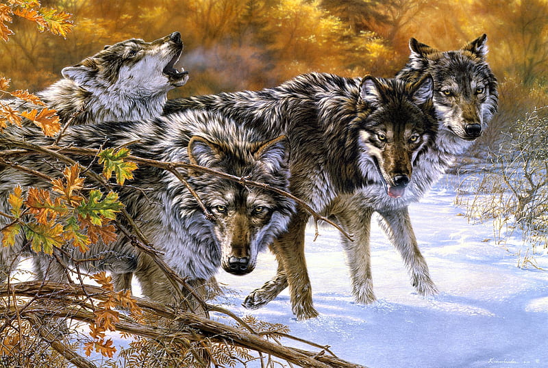 Wolves, art, autumn, luminos, orange, toamna, iarna, animal, winter, painting, lup, wolf, white, pictura, lee kromschroeder, HD wallpaper