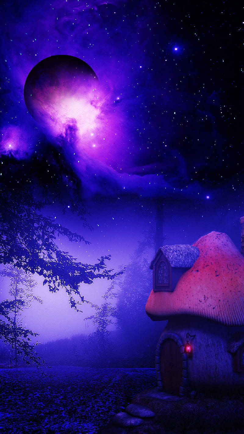 Fantasy Dark Night, black, desenho, foggy, moon, mushroom, sky, HD phone wallpaper