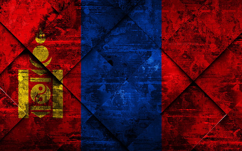 Flag of Mongolia grunge art, rhombus grunge texture, Mongolia flag, Asia, national symbols, Mongolia, creative art, HD wallpaper