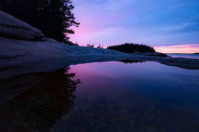 Sunset On The Rocks Of Maine, sunset, rocks, nature, reflection, HD wallpaper