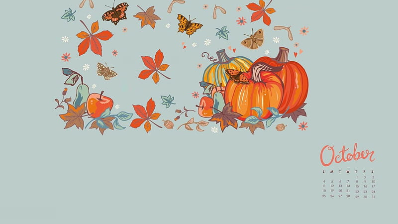 Leaves Butterflies With Pumpkin In Light Ash Background October Calendar October, HD wallpaper