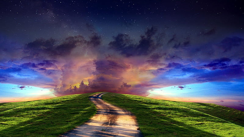 fantastic road to the heavens, stars, grass, road, clouds, hill, HD wallpaper