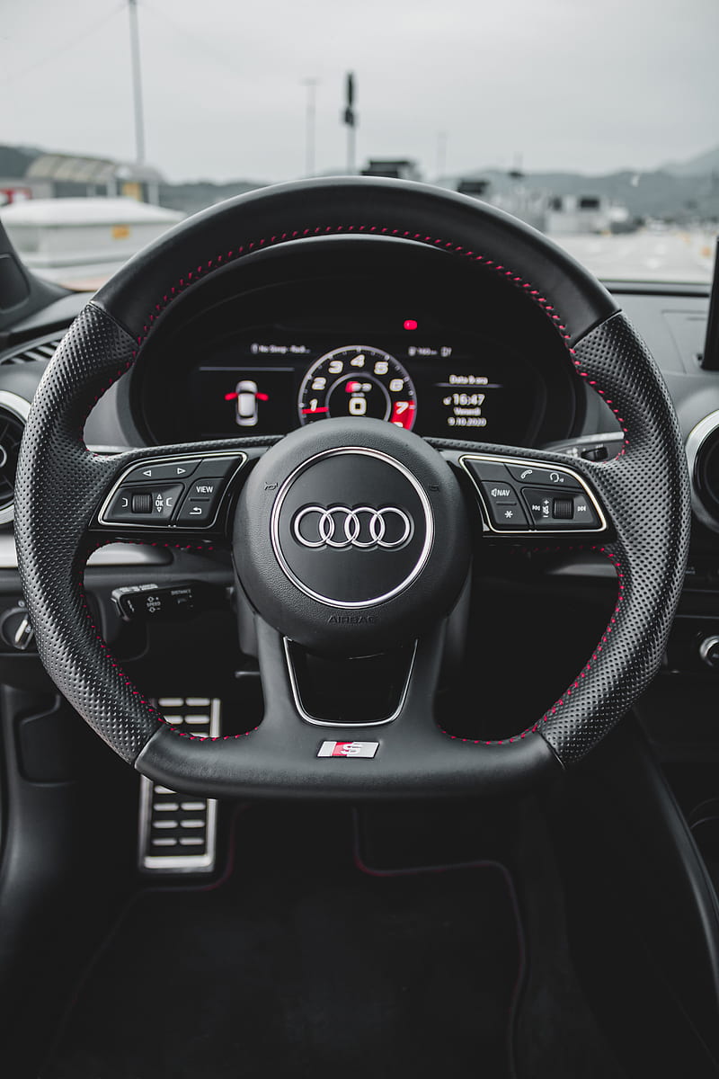 audi, steering wheel, dashboard, car, black, HD phone wallpaper