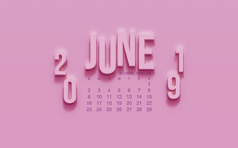 2019 June Calendar, pink 3d art, 2019 3D June Calendar, pink background, creative art, 2019 calendars, HD wallpaper