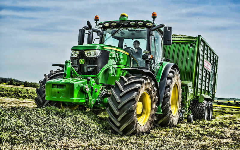 John Deere 6155R, StarFire 3000, harvesting hay, 2019 tractors, agricultural machinery, harvest, green tractor, R, agriculture, 6R Series Tractor, tractor in the field, John Deere, HD wallpaper