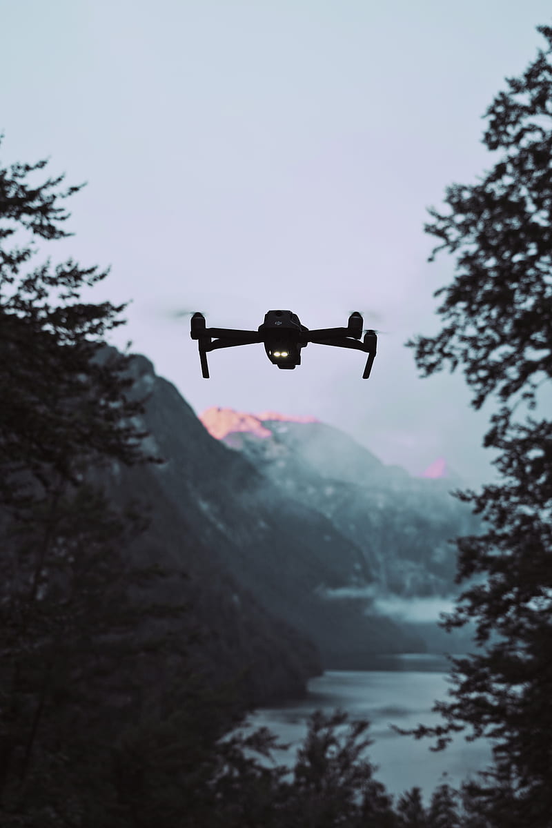 drone, quadrocopter, mountains, dusk, landscape, HD phone wallpaper