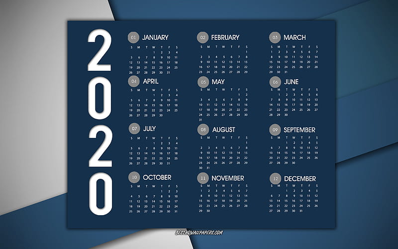 2020 calendar, all months, blue 2020 calendar, creative art, 2020, blue abstract background, 2020 year concepts, HD wallpaper
