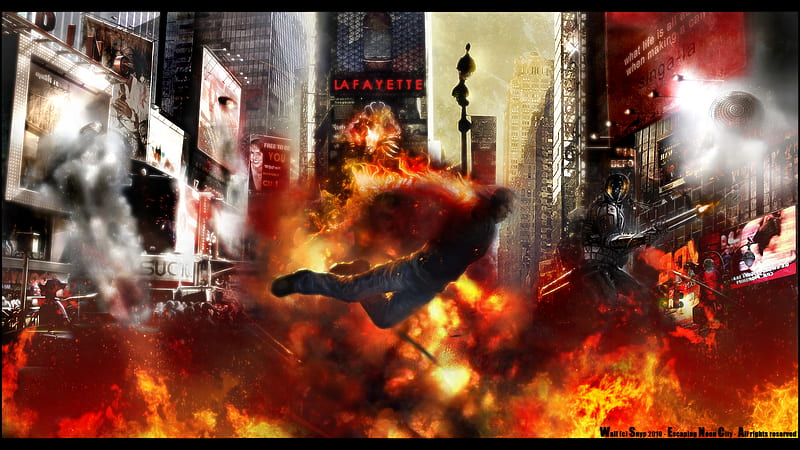 Escape Neon City, fire, fly, city, apocalyptic, futuristic, chaos, HD wallpaper