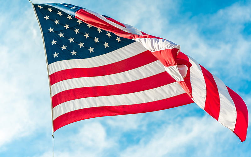 American flag blue sky, flags, USA flag, waving american flag, close-up, flag of USA, flag of America, US flag, HD wallpaper