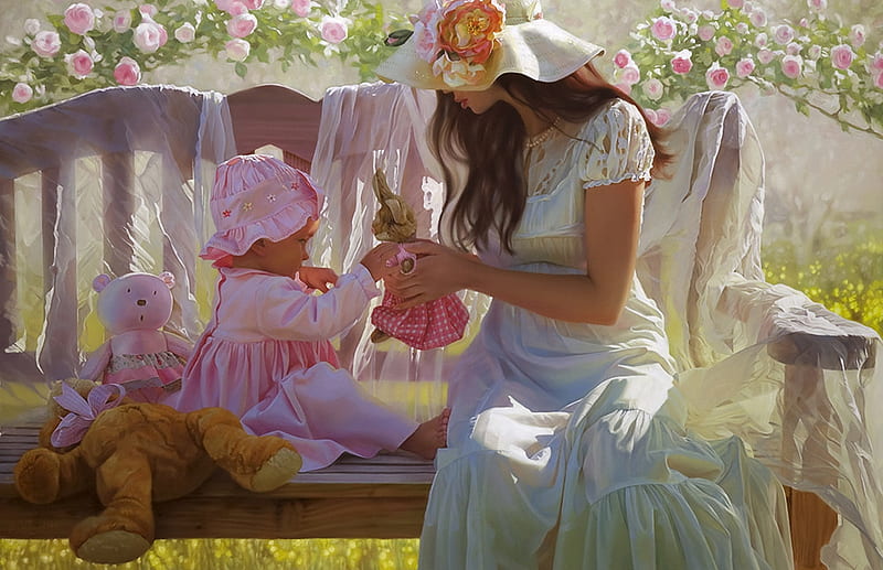 Petite histoire au doudou, andrey belichenko, luminos, mother, baby, hat, cute, girl, painting, summer, copil, child, white, pictura, pink, HD wallpaper