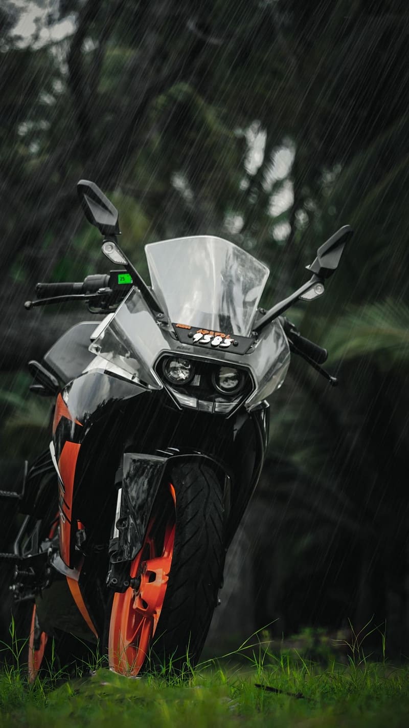 Ktm Bike Ke, Rainy Background, black bike, HD phone wallpaper