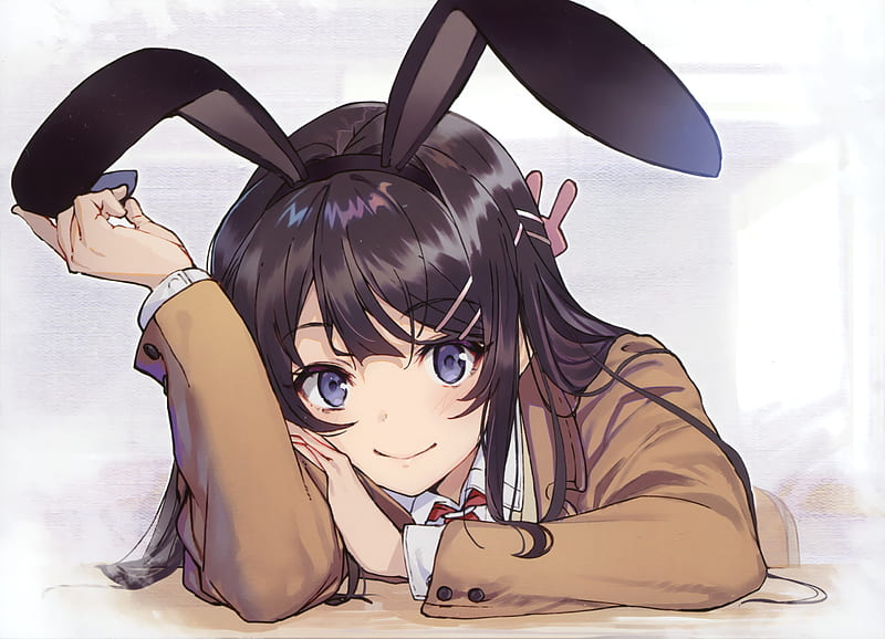 sakurajima mai, seishun buta yarou, rabbit ears, school uniform, black hair, Anime, HD wallpaper