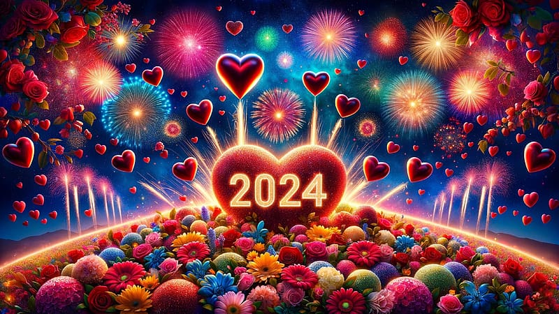 Happy New Year!, new year, fireworks, colorful, craciun, heaet, christmas, 2024, card, HD wallpaper