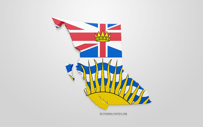 British Columbia map silhouette, 3d flag of British Columbia, province of Canada, 3d art, British Columbia 3d flag, Canada, North America, British Columbia, geography, British Columbia 3d silhouette, HD wallpaper