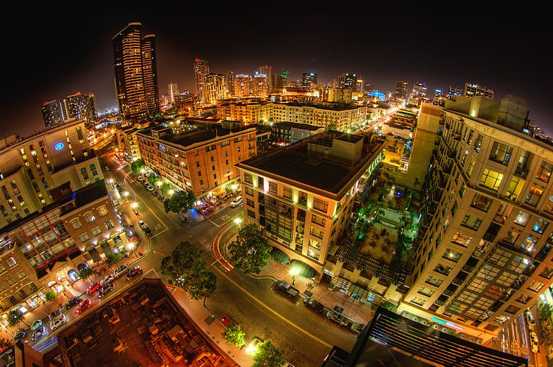 Cities, Night, City, Building, Light, San Diego, Aerial, , Fisheye, HD wallpaper