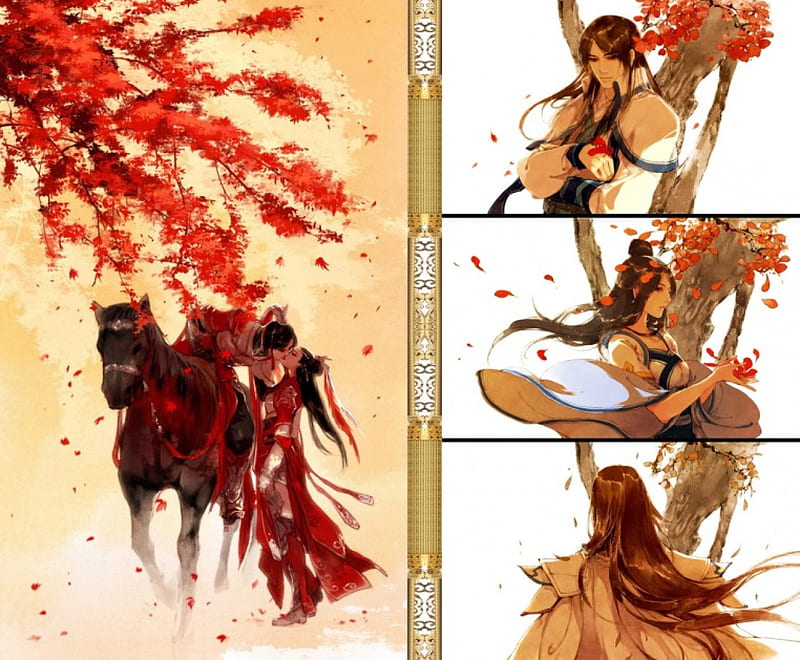 Art of Ibuki Satsuki 5, lovers, painting, collage, Ibuki Satsuki, red leaves, couple, HD wallpaper