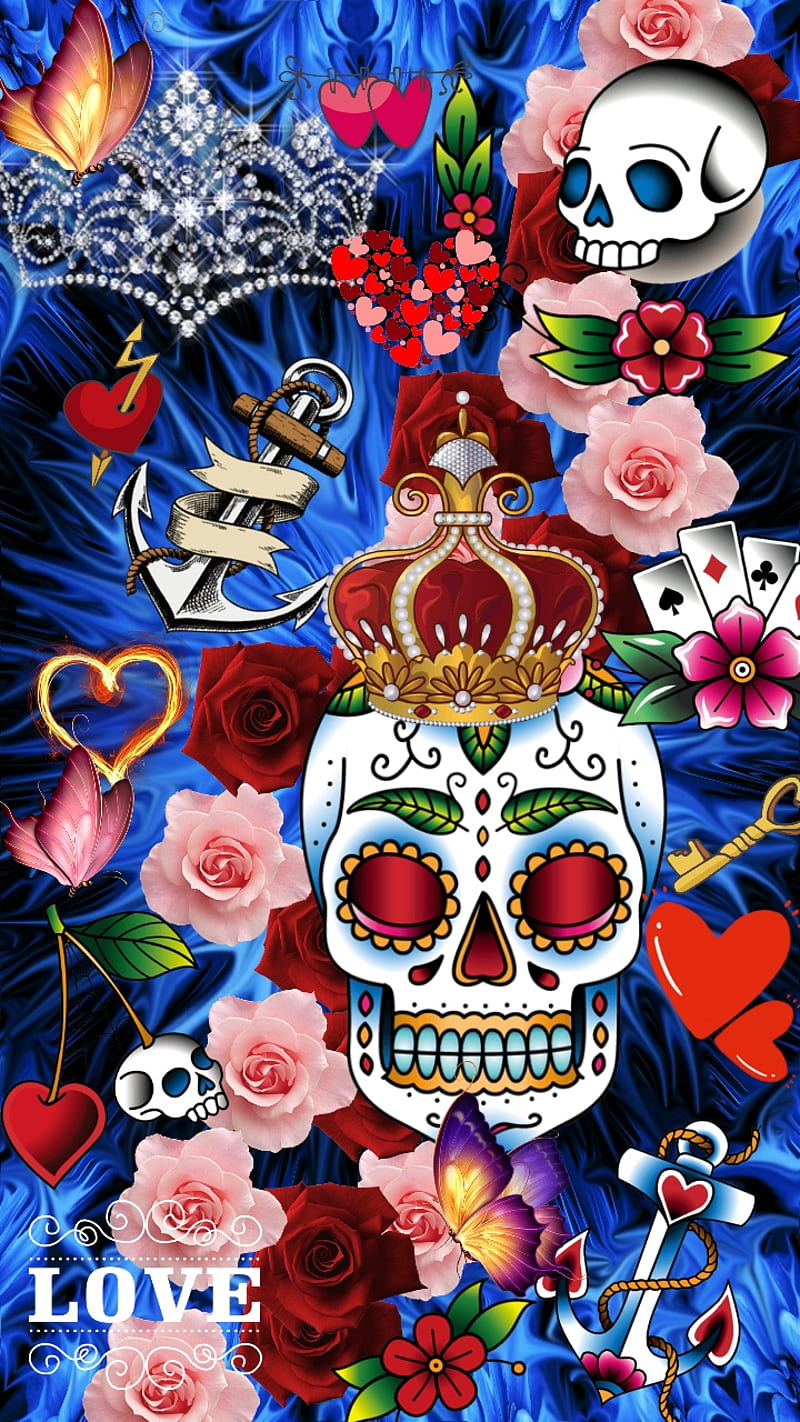 Blue Shuffle, anchor, day, dead, flowers, heart, pink, skull, sugar, sword, HD phone wallpaper