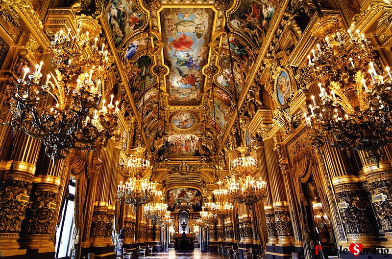 Opera Garnier, Paris, France, building, ornaments, lamps, interior, theatre, HD wallpaper